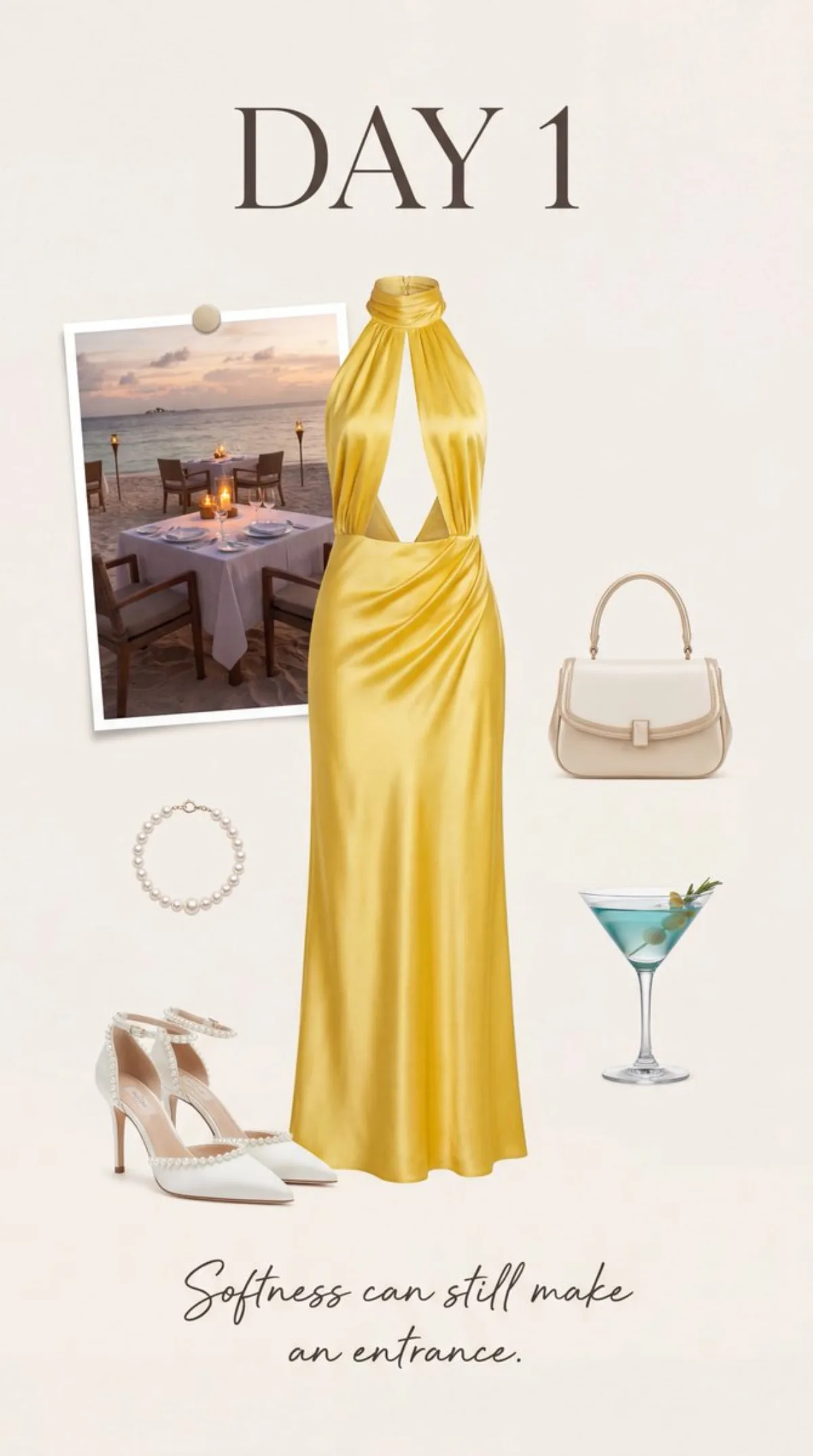 Luxury Fashion Moodboard: Yellow Halter Satin Dress · 高级感演绎