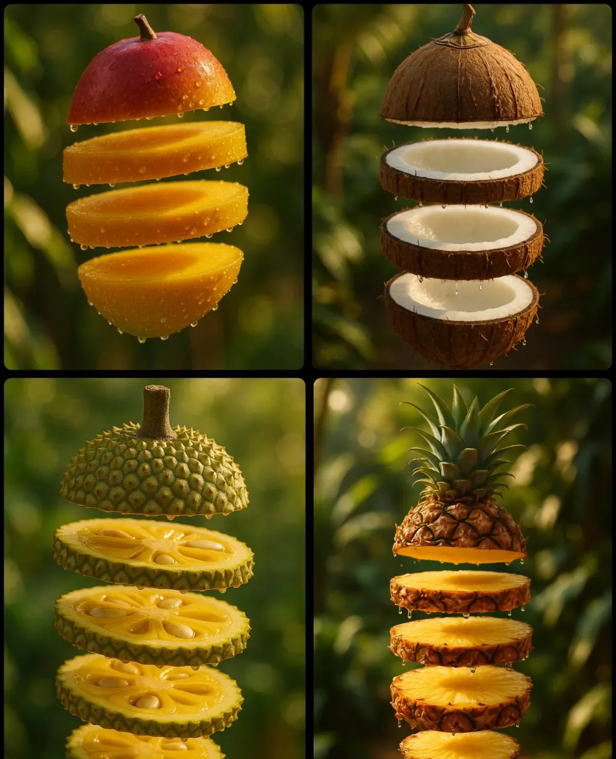 A Photorealistic Photograph Of A [FRUIT] Sliced Into Five Glossy