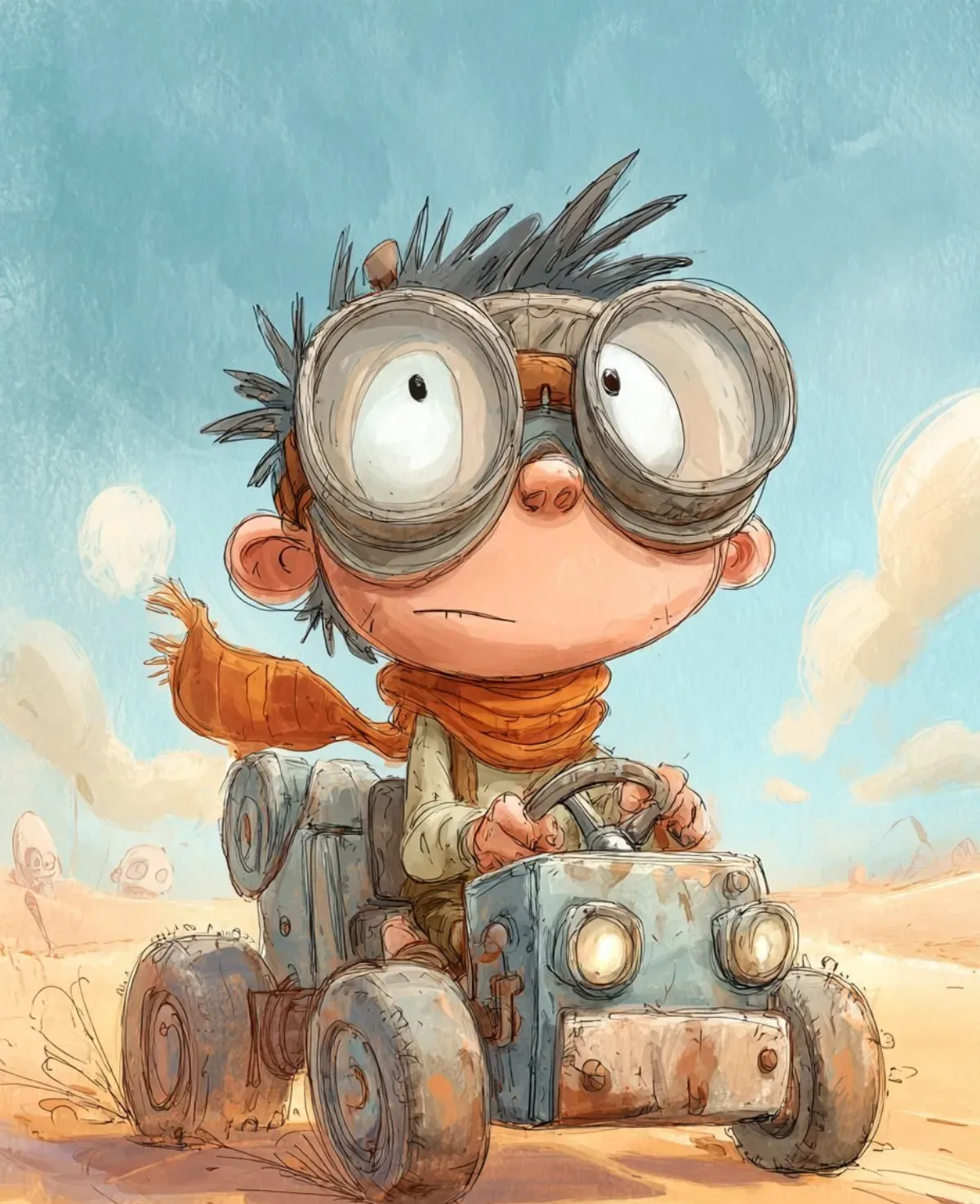 A Young Cartoon Boy Alongside Big Goggles And Scarf Driving