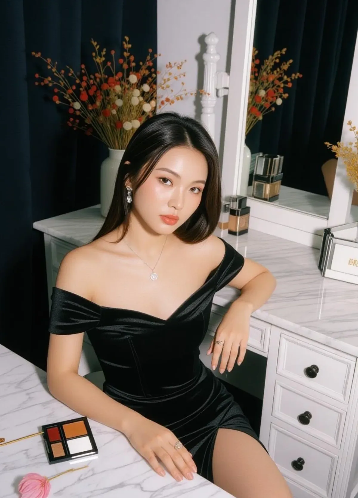 A Theatrical Portrait Of A Young East Asian Woman Sitting