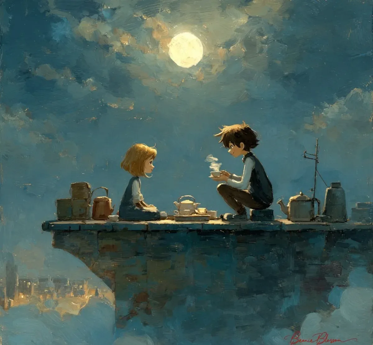 A Moonlight Rooftop Tea Party Between A Girl