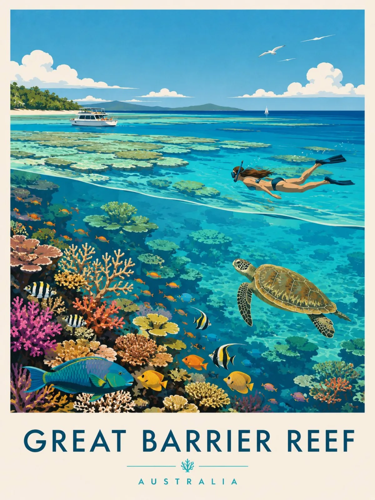 Premium Editorial Travel Poster Illustration Of The Great Barrier Reef