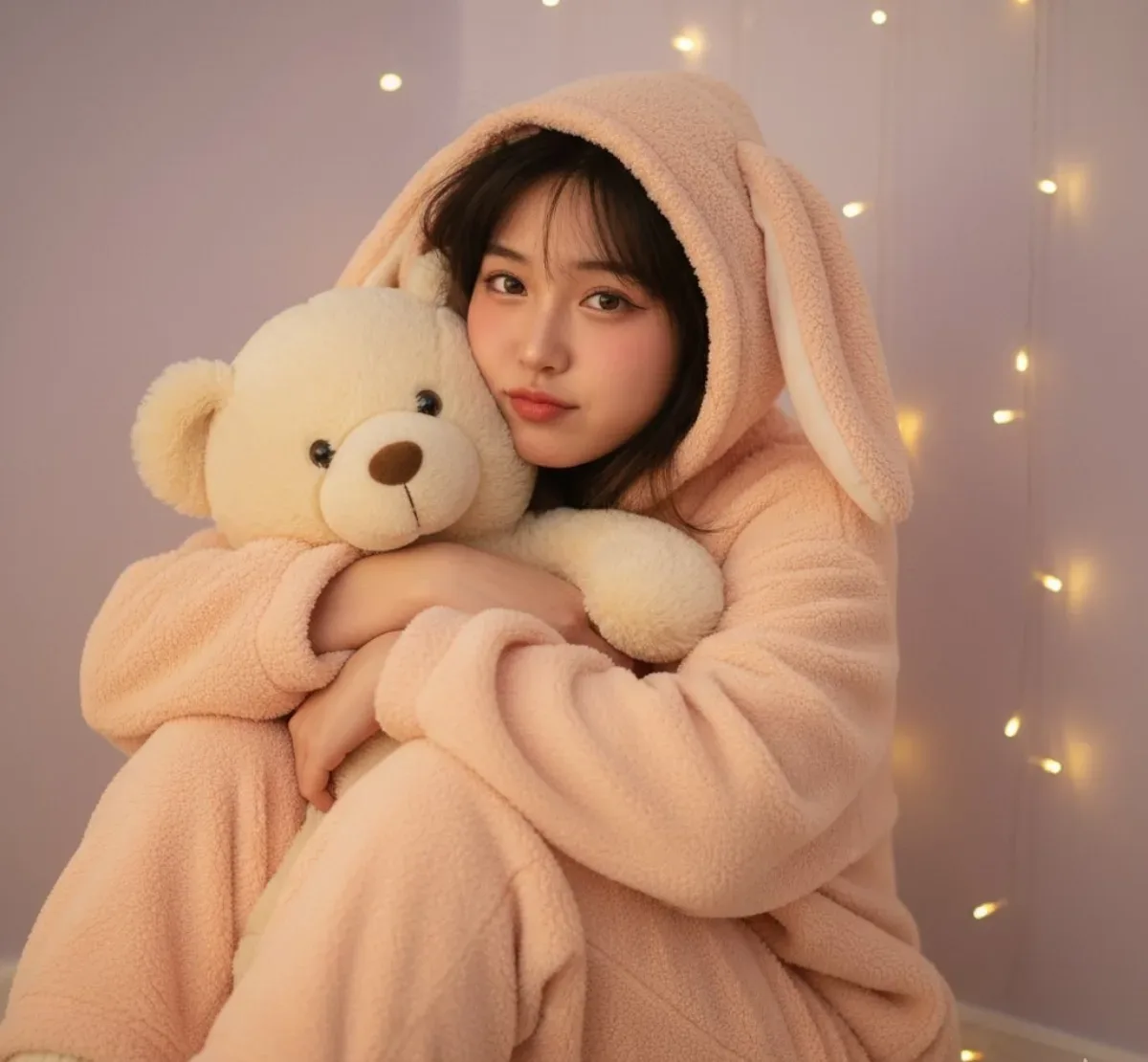 淡桃粉色宽松毛绒睡衣女孩（主图风格）