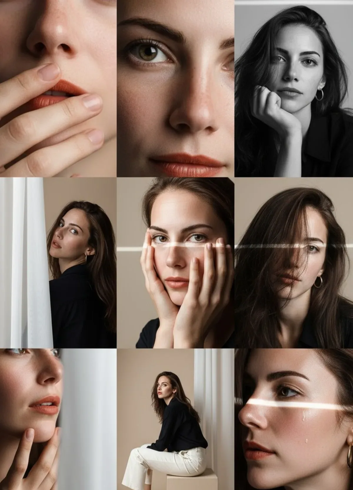 Editorial 3x3 Photo Grid In A Clean Soft Beige Studio