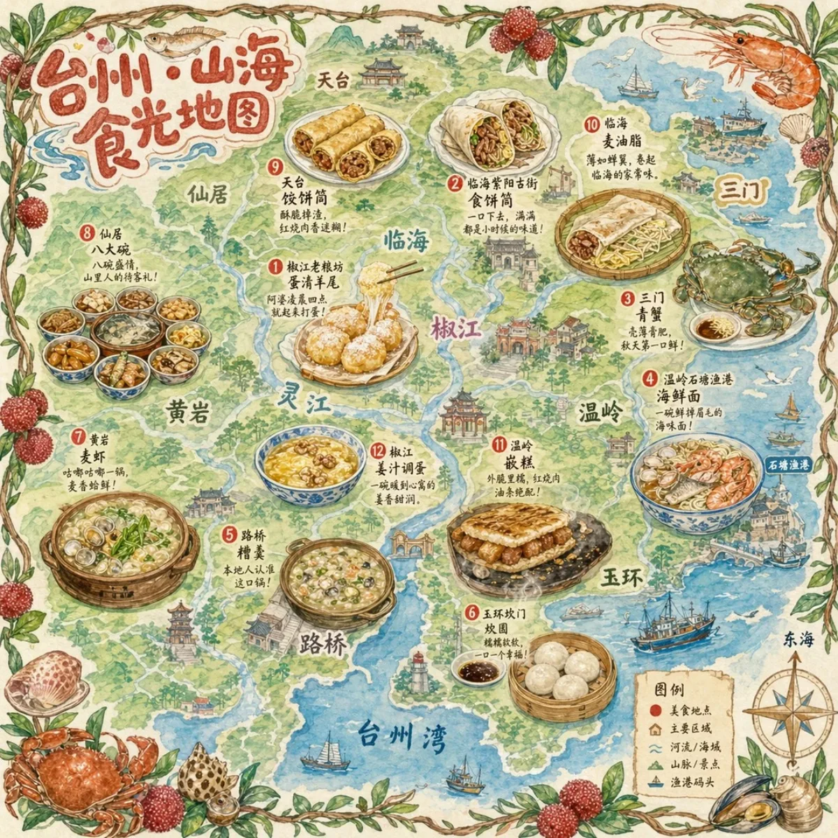 Hand Drawn Style City Food Map Taizhou