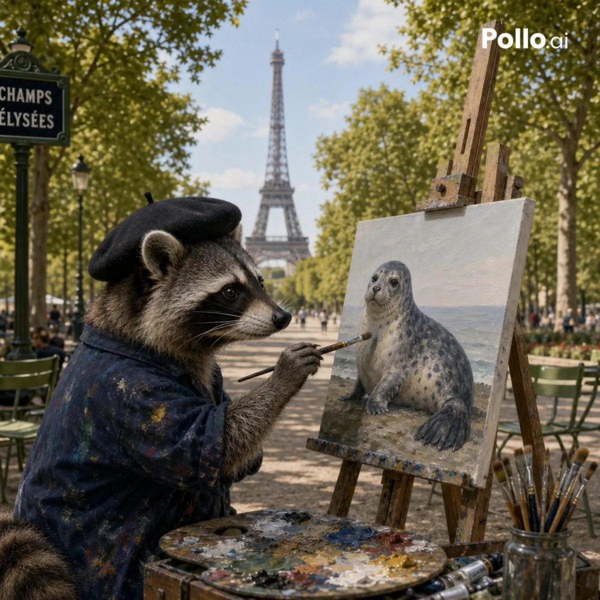 Raccoon Painter on Champs-Élysées