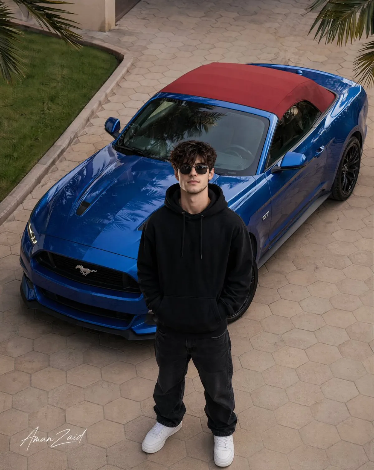 Confident Man with Blue Mustang