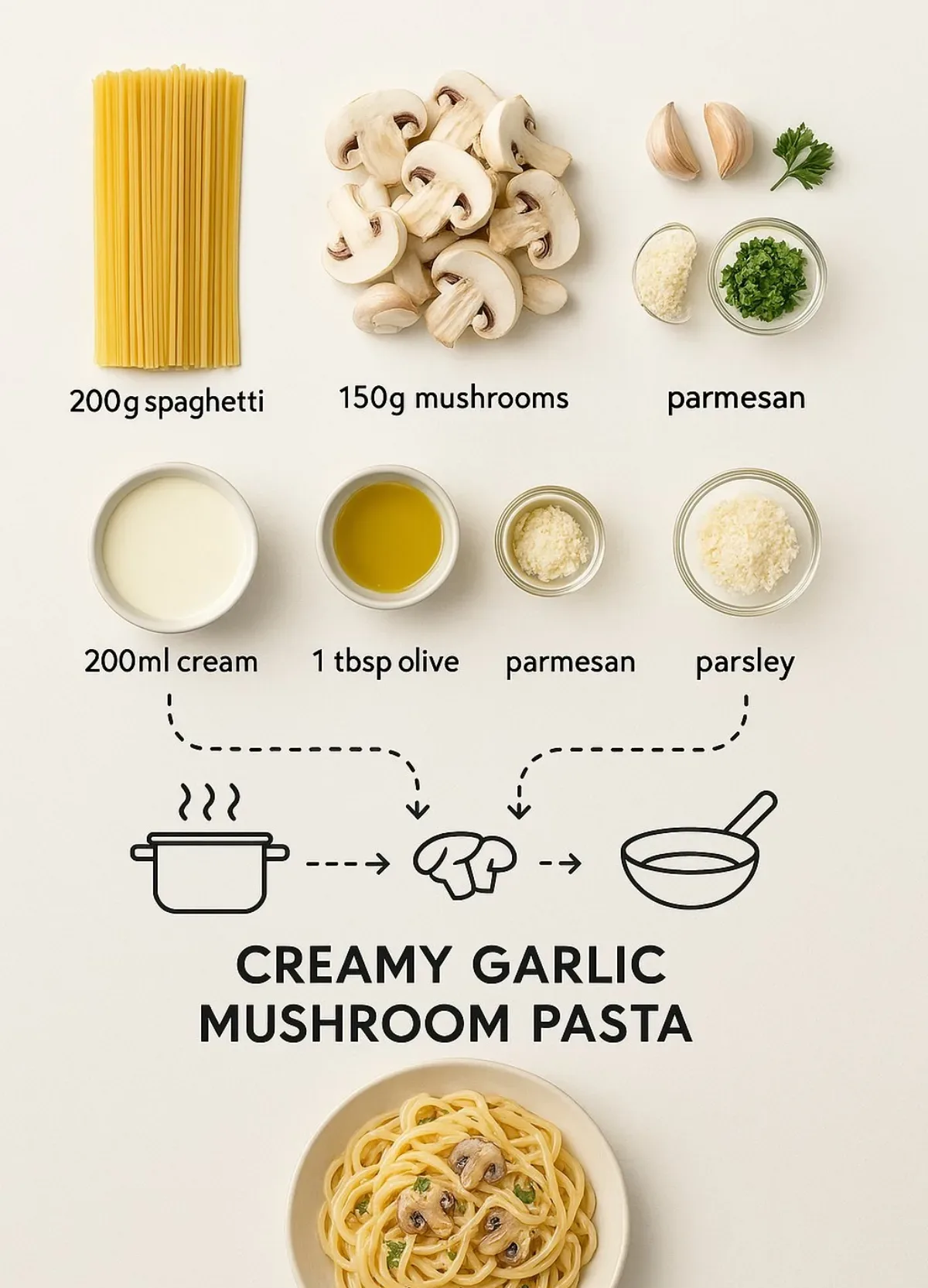 Step-by-step Recipe Infographic For Creamy Garlic Mushroom Pasta