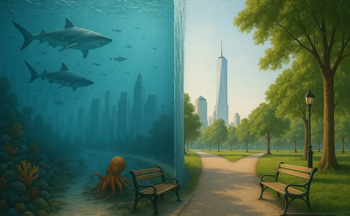 Surreal Split-scene Where The Left Half Is An Underwater Version