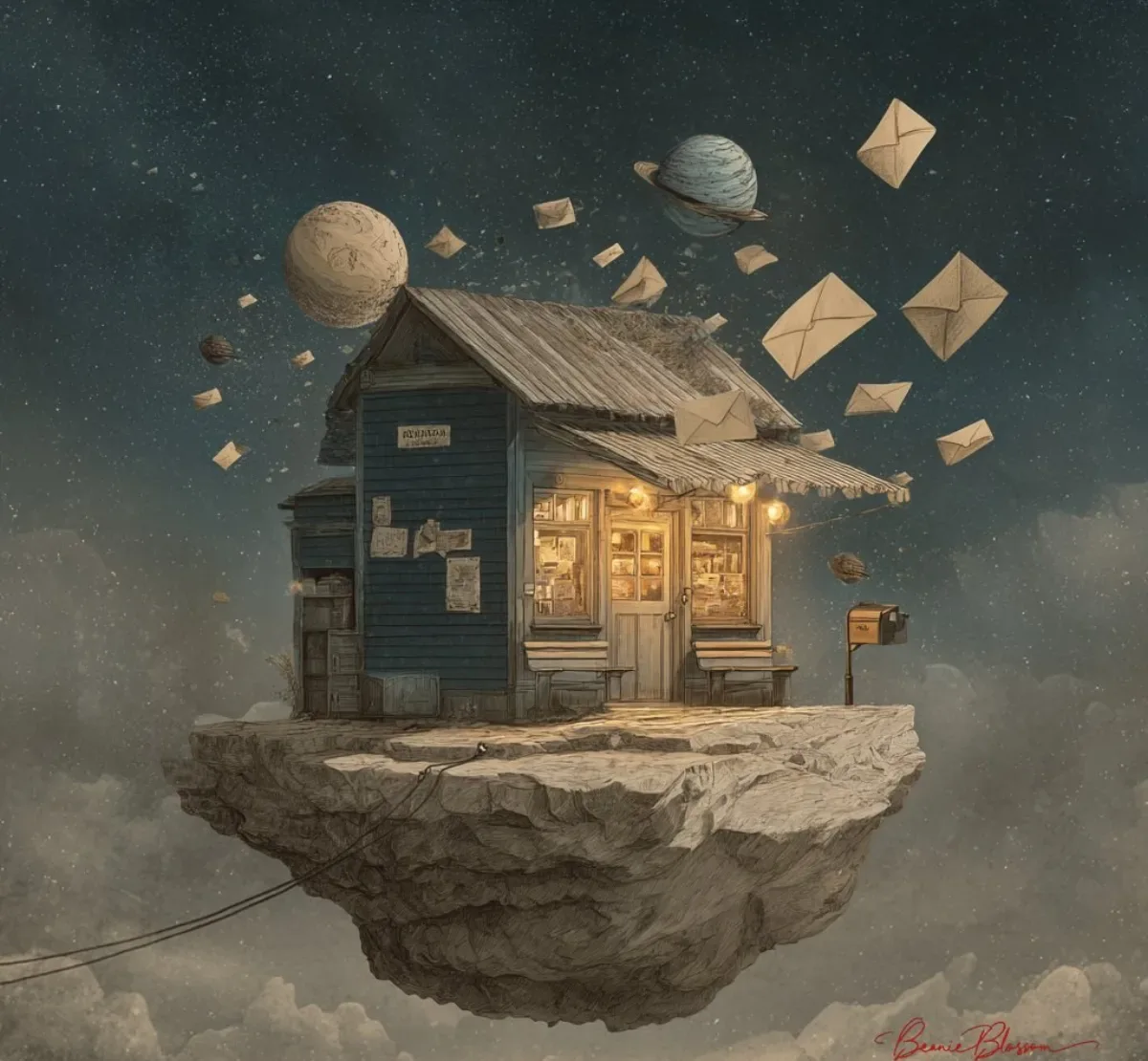 An Old-fashioned Postal Shack Floating On A Space Rock