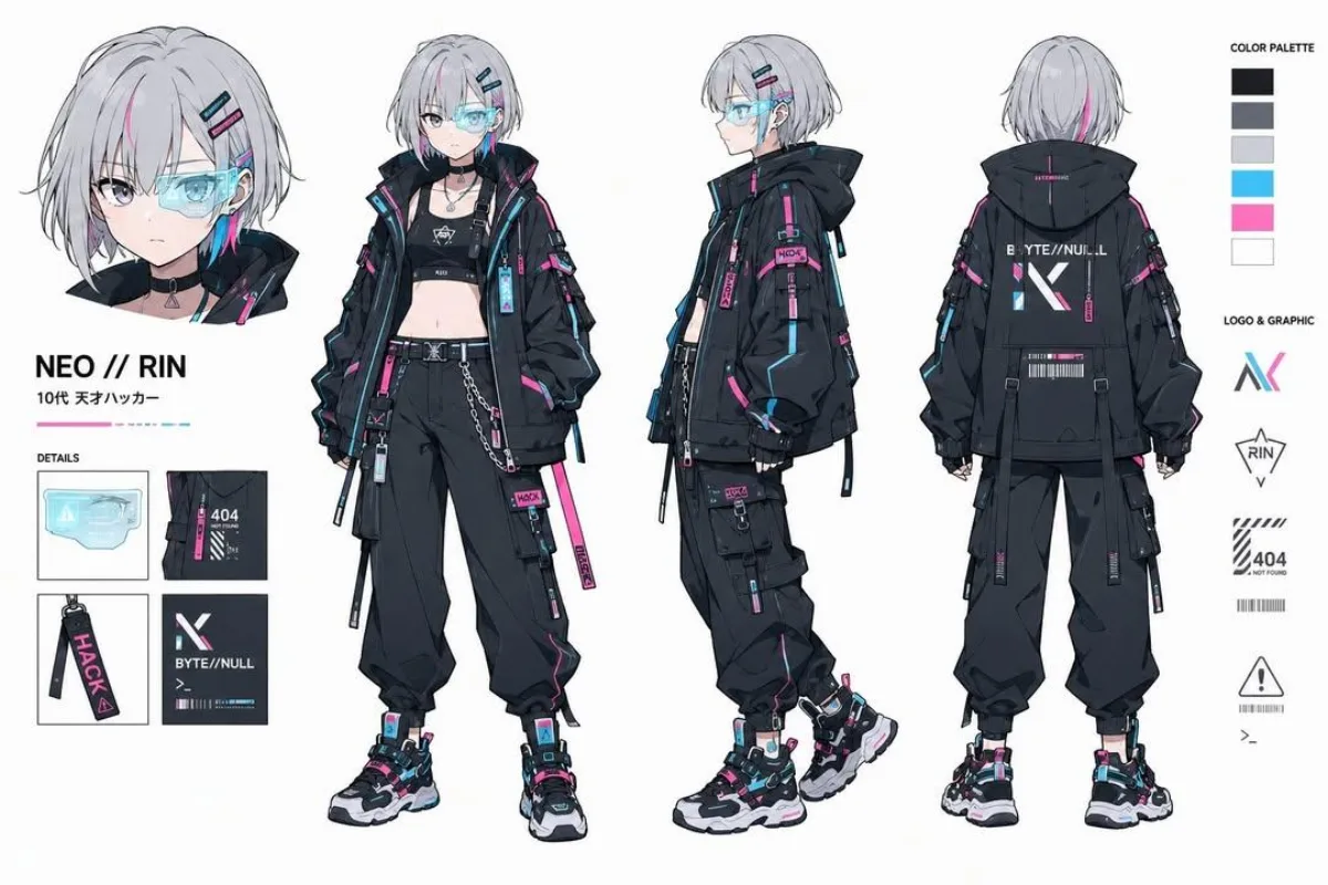 Ultra-richly Textured Cyberpunk Anime Character Design Sheet Of A Teen