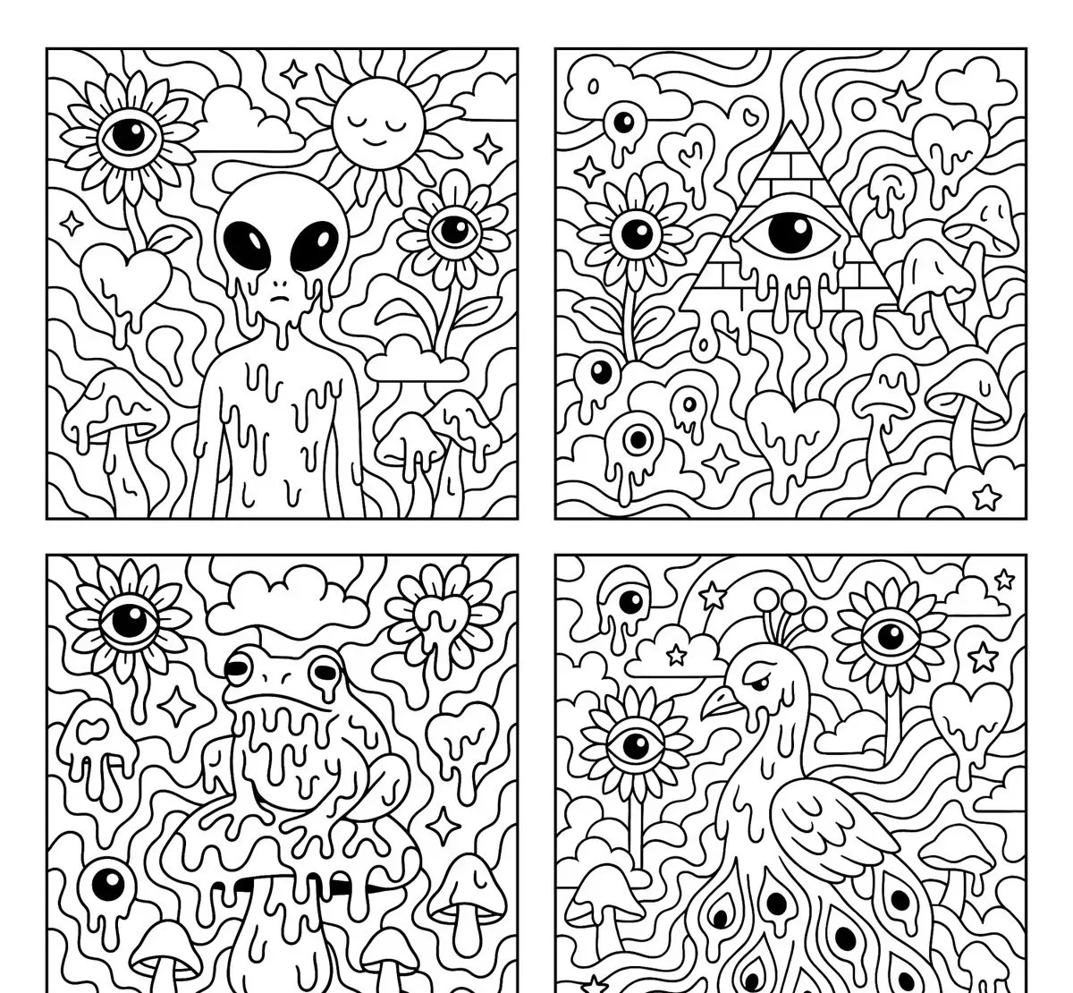 Psychedelic Black And White Coloring Page Featuring Melting [SUBJECT]