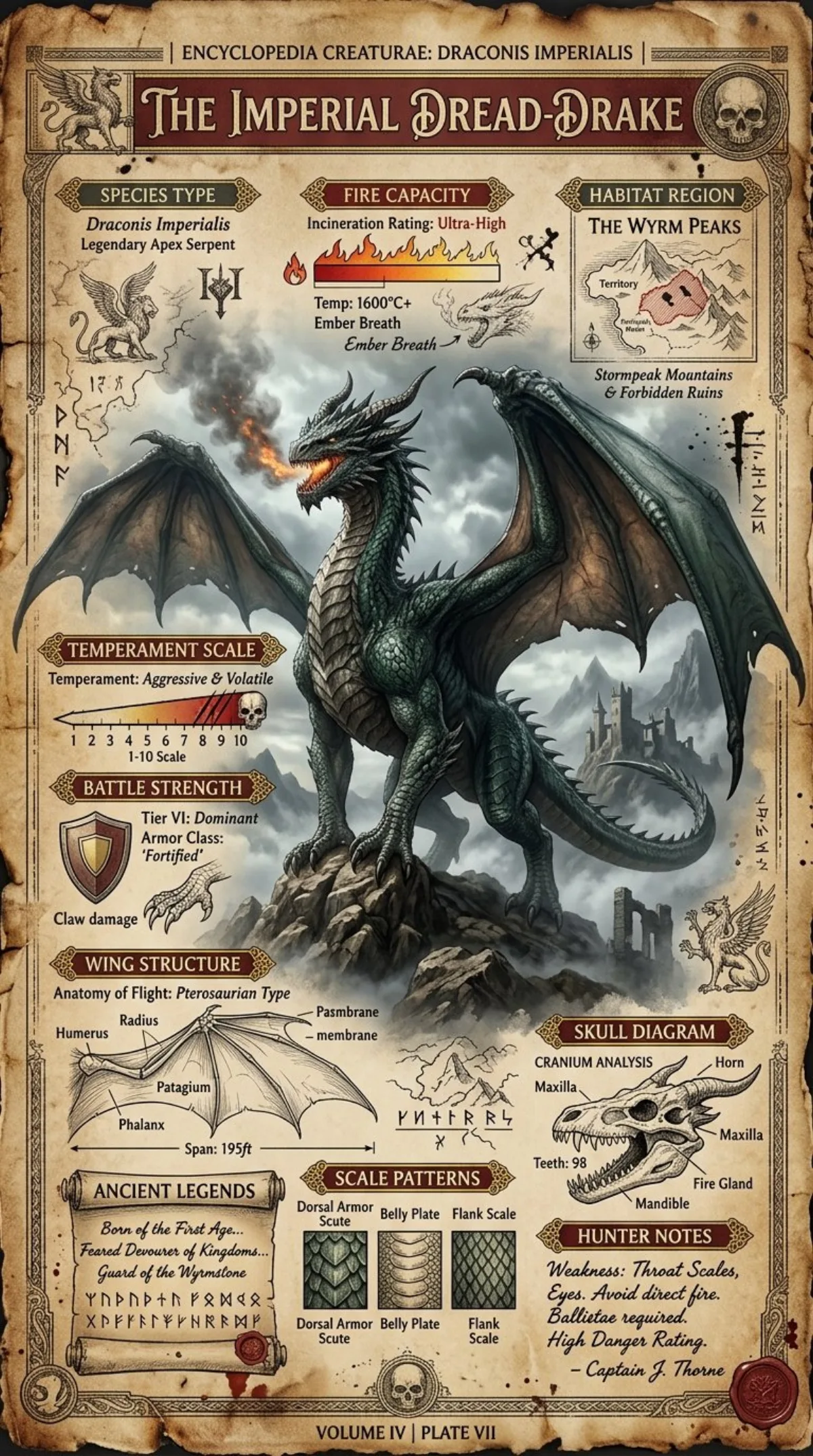 Highly Intricate A4 Vertical Vintage Fantasy Encyclopedia Style Dragon