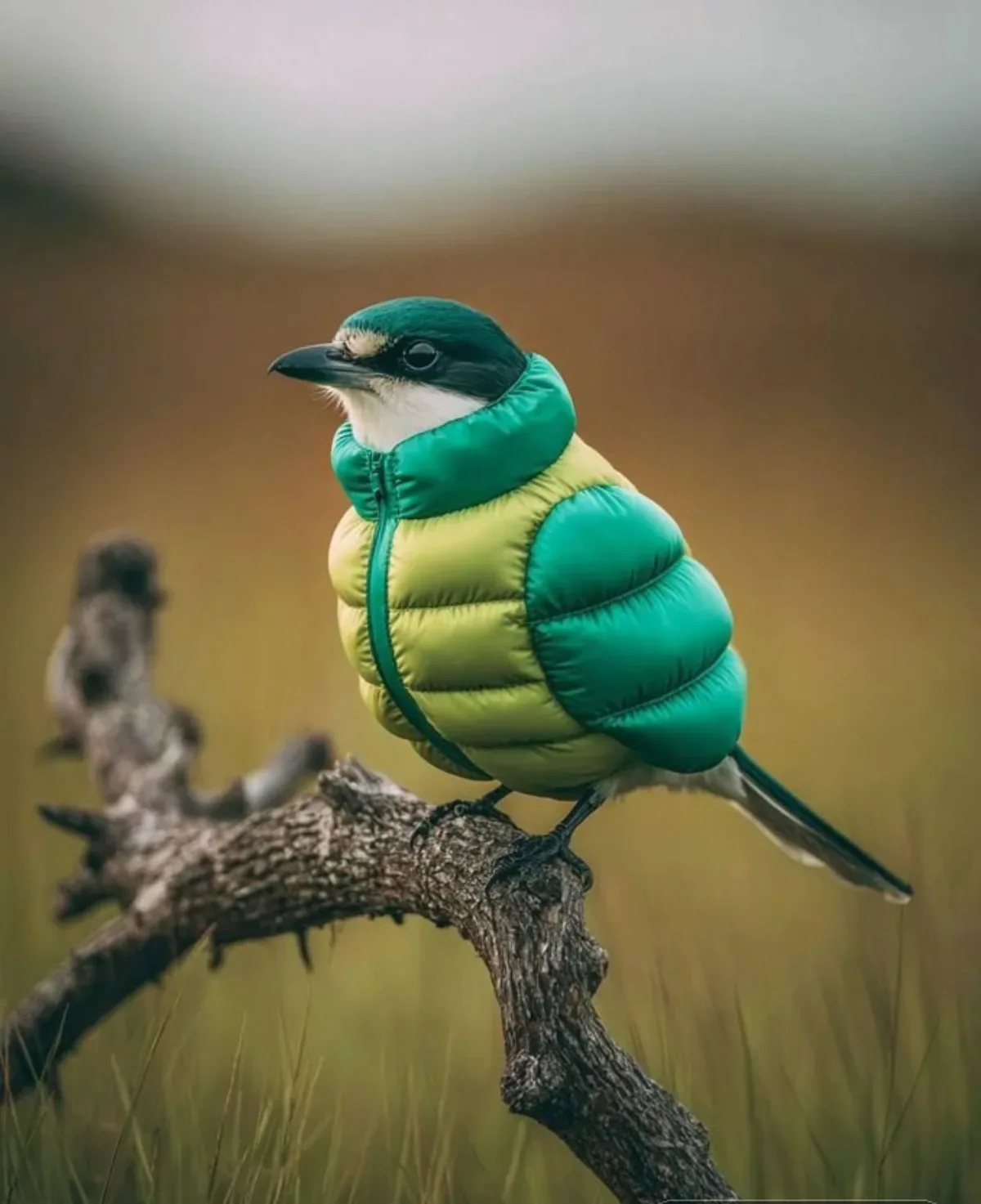 A Bird Wearing An Inflatable [COLOR] Down Jacket Perched