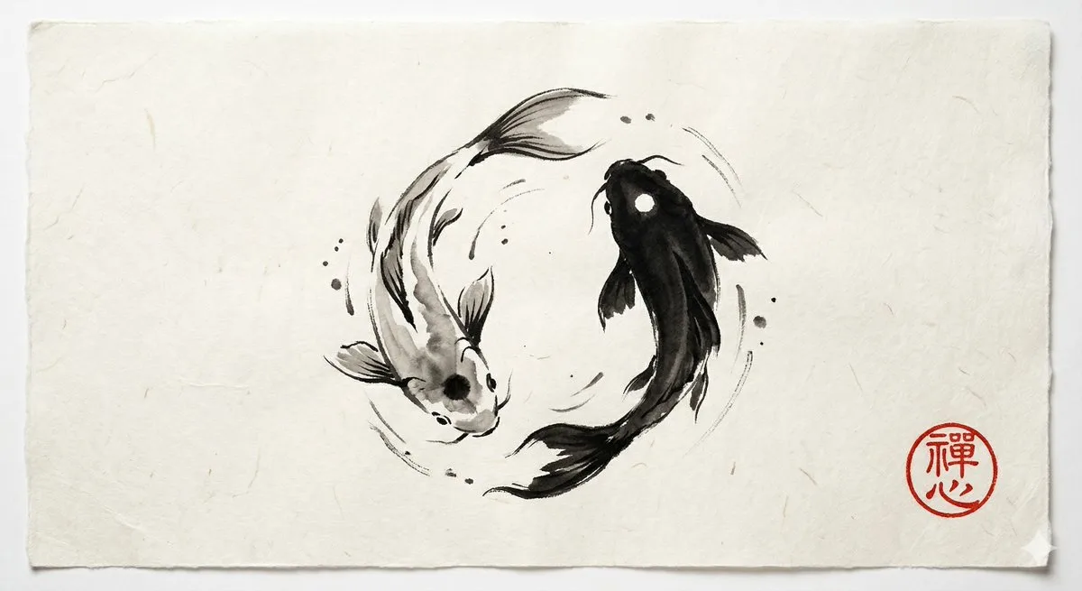 水墨画：阴阳锦鲤