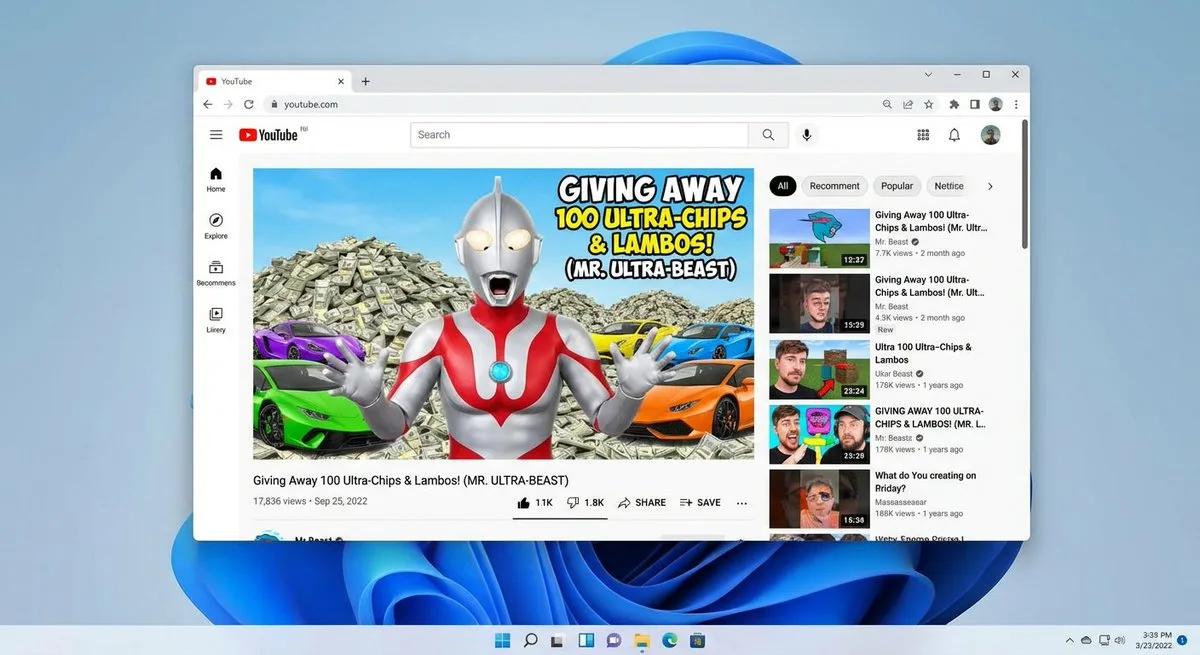 Windows 11 desktop screenshot with YouTube and Ultraman thumbnail: A Studio-Grad
