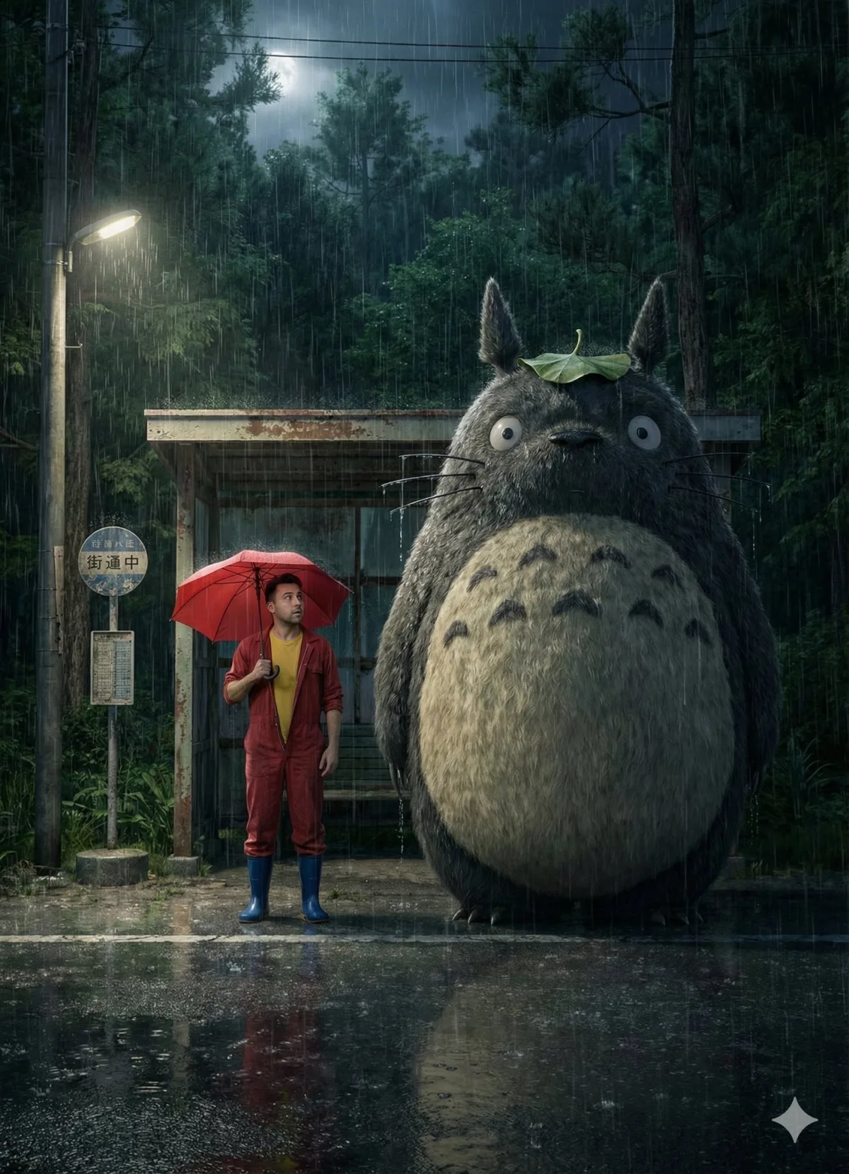 Japanese Countryside Bus Stop on a Rainy Night: A Hero Take