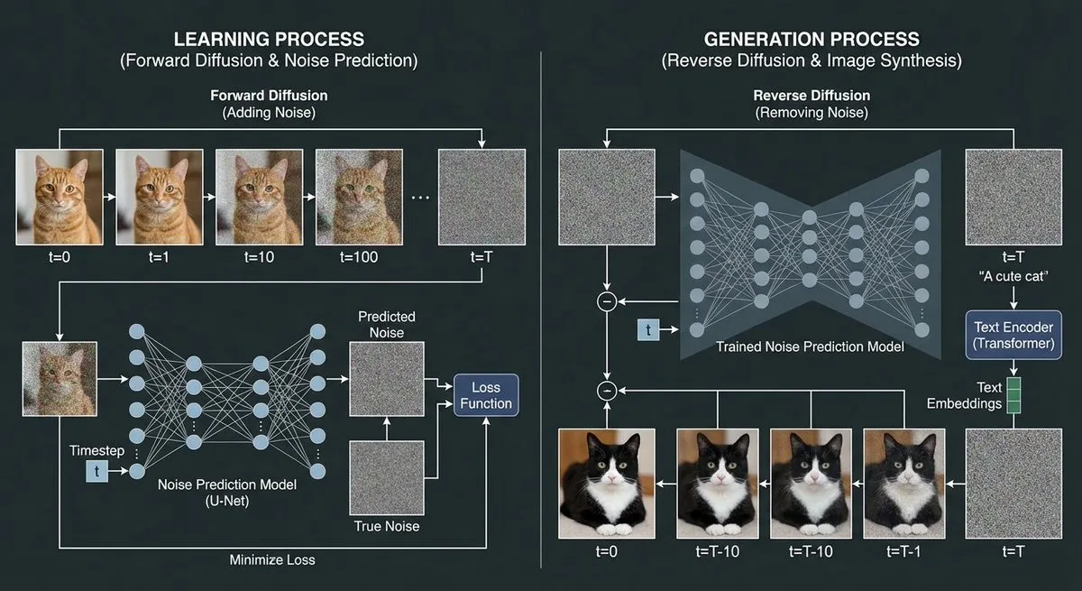 A Premium Diffusion model process diagram with cat and noise