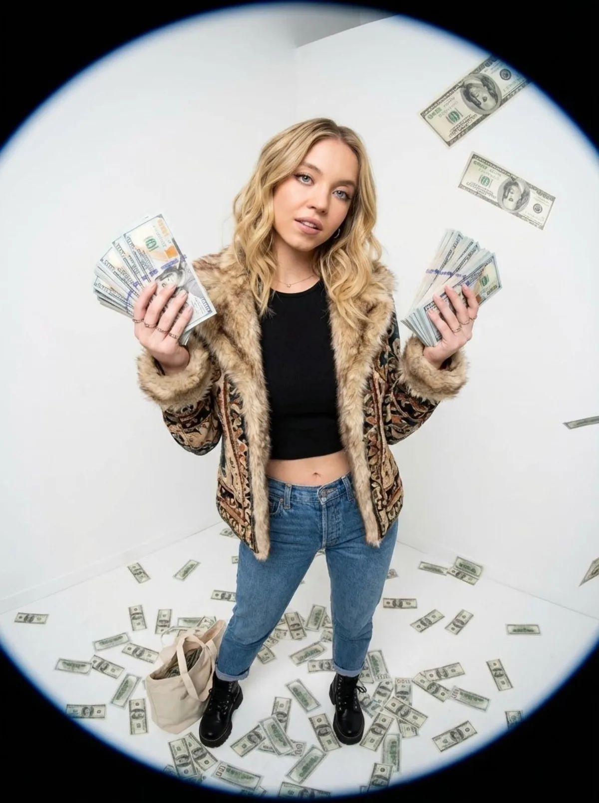 Fisheye Portrait of Woman in Cash-Filled Studio (Modern)