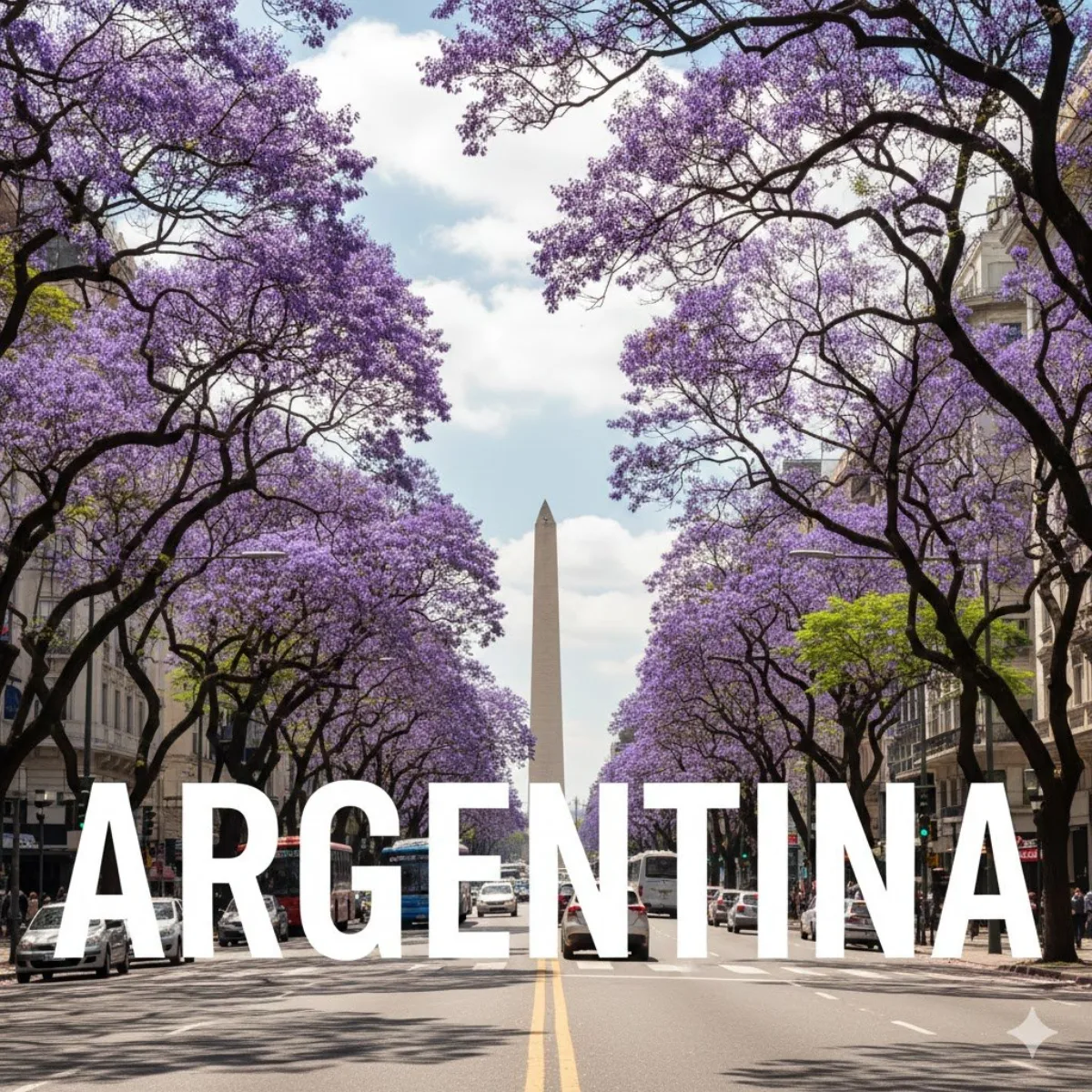 Text over Buenos Aires 9 de Julio with obelisk and jacarandas (Signature)