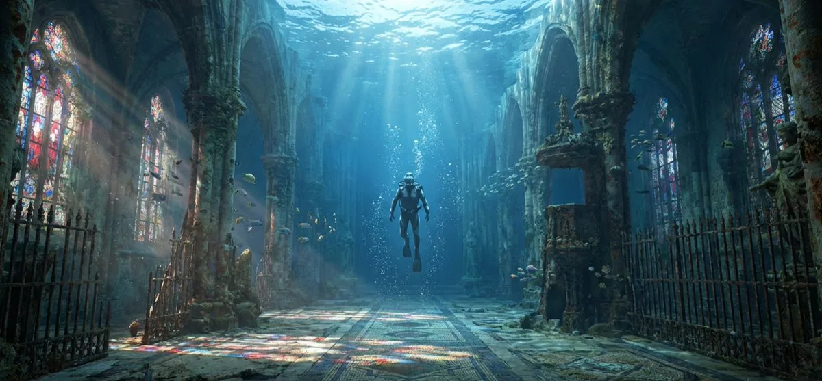 Studio-Grade Submerged cathedral underwater scene prompt