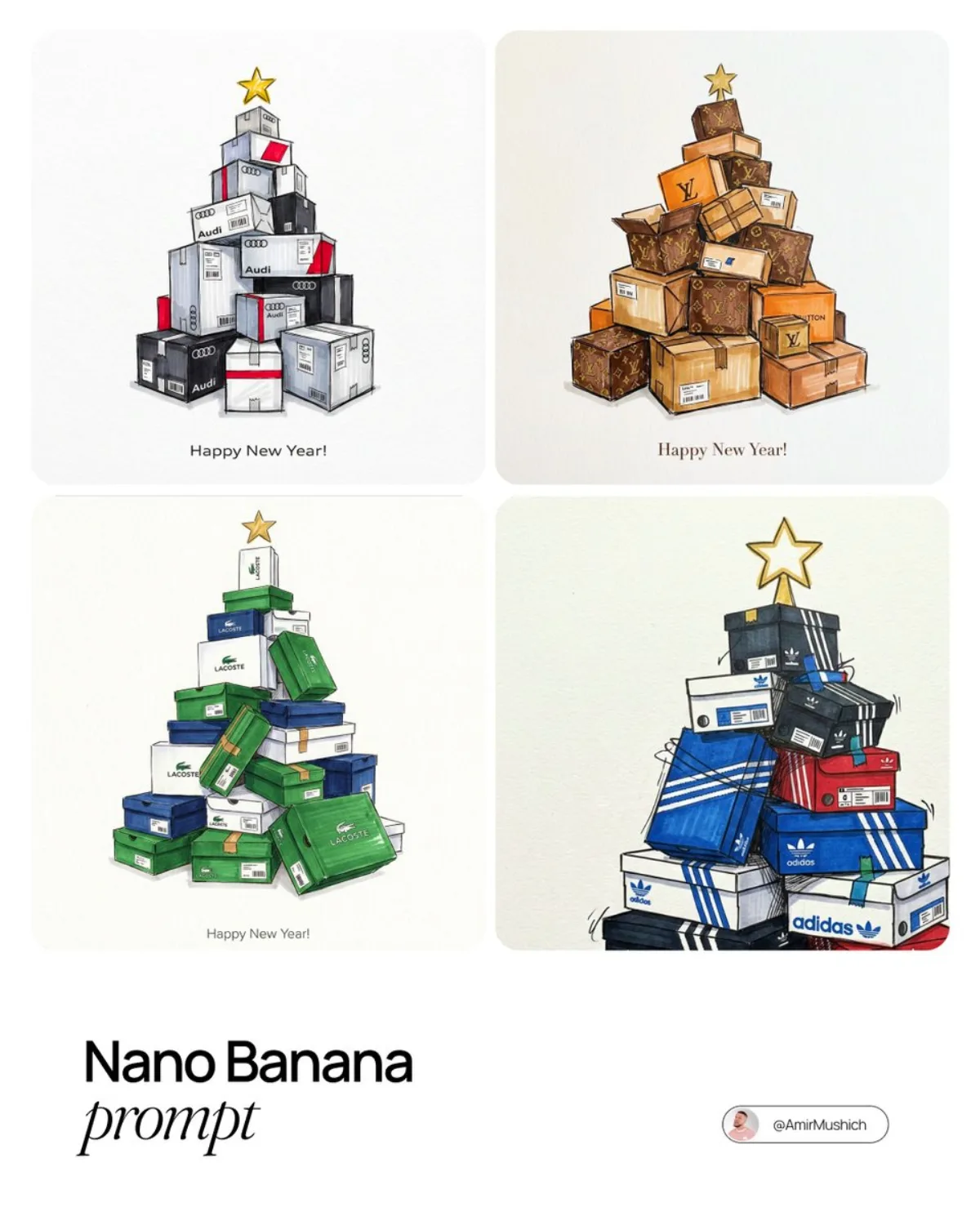 品牌产品盒堆砌的圣诞树时尚插图