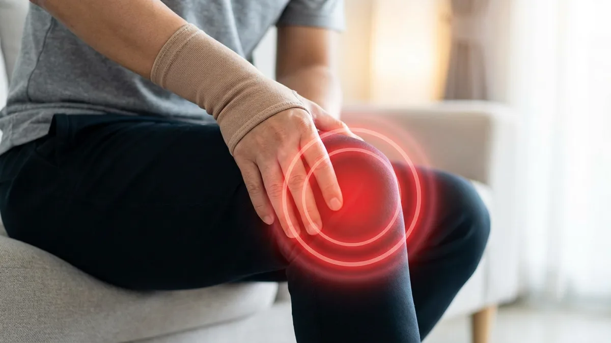 A person touches [knee] with hand, [knee] is the pain location, with red glow +