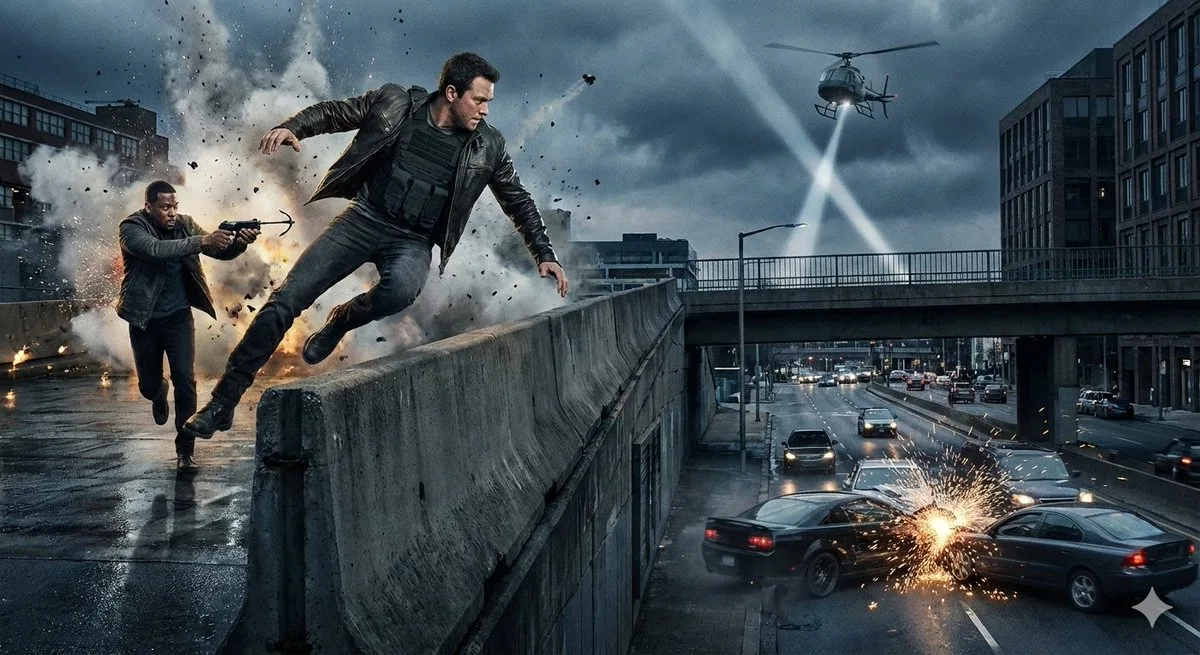 Simple action movie scene prompt