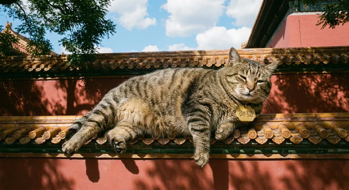 Signature Fat tabby cat sunbathing on Forbidden City roof