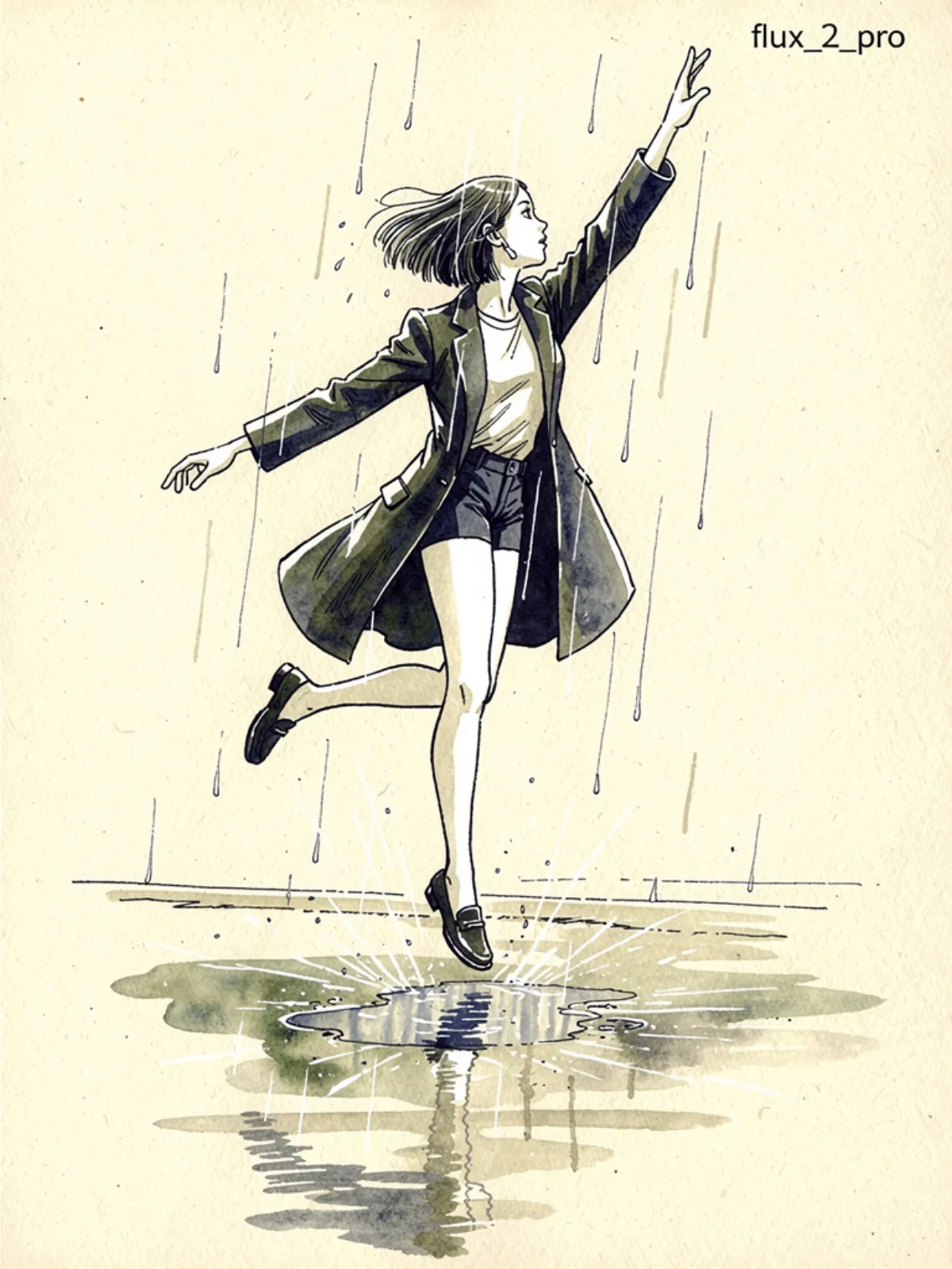 升级风雨夜女子跳水坑，水彩墨迹