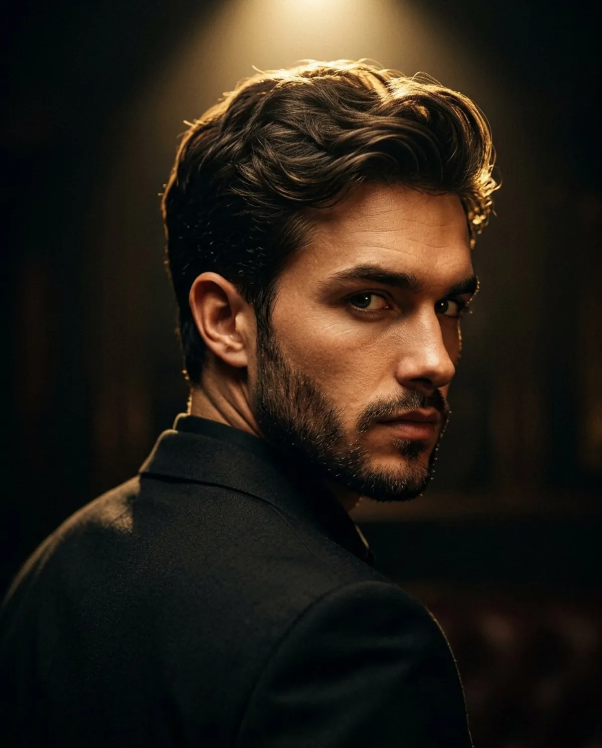 Cinematic Portrait of Man in Black Suit with Spotlight