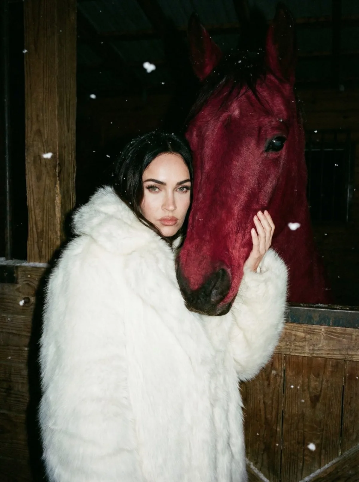 Woman in White Fur with Crimson Horse in Stable