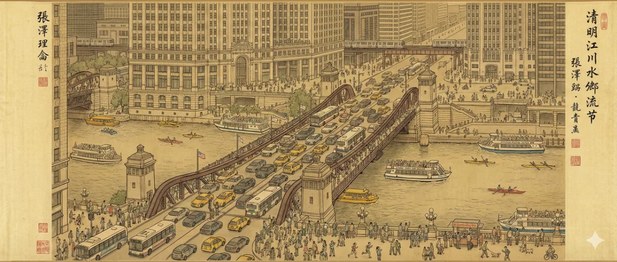 Traditional Chinese Handscroll Of Modern Chicago Riverwalk
