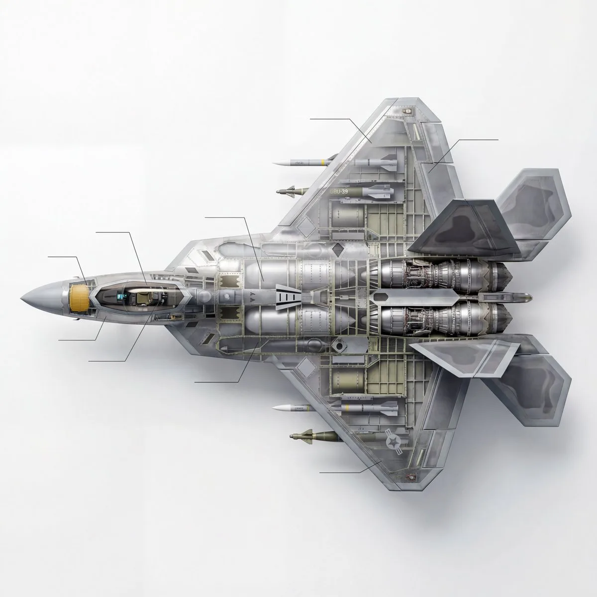 Fifth-generation stealth fighter jet cutaway infographic prompt