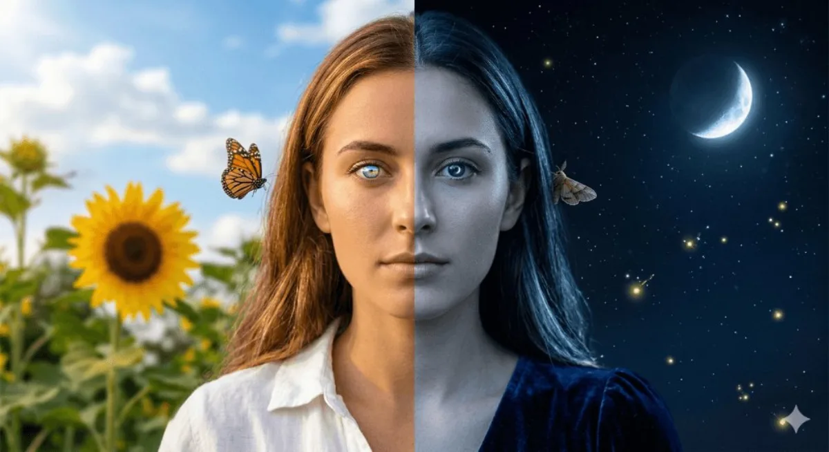 Day and Night Split Portrait of a Young Woman