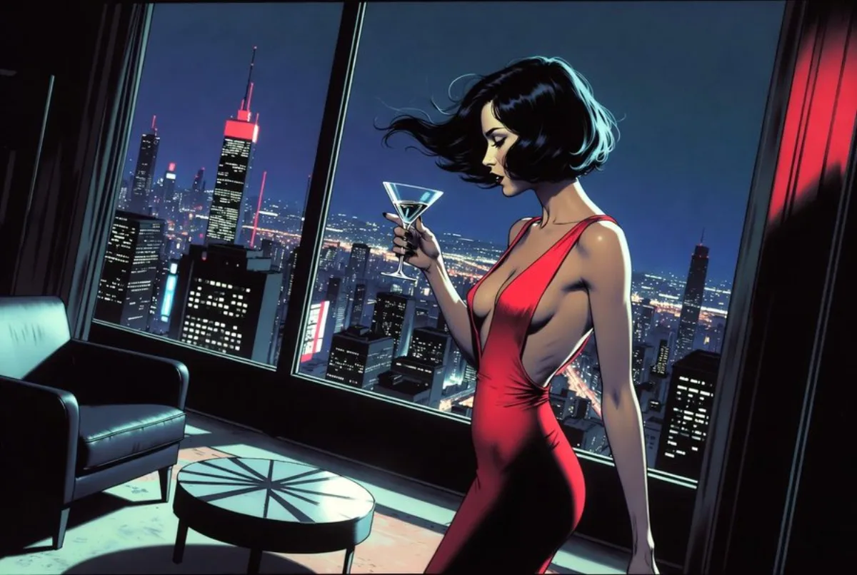 A Hero Neo-noir Comic Style Woman in Red