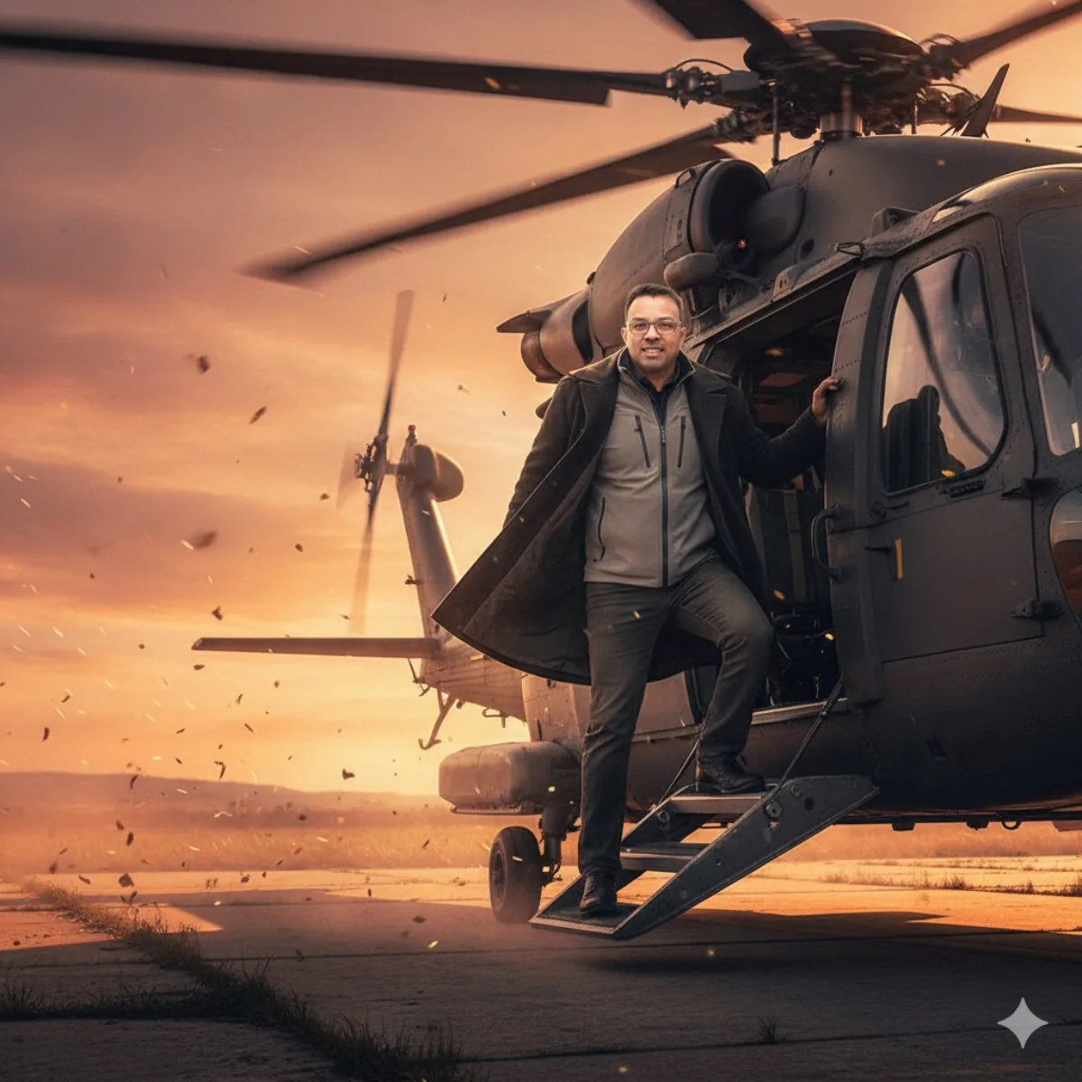Modern Elite Operative Boarding Helicopter at Golden Hour