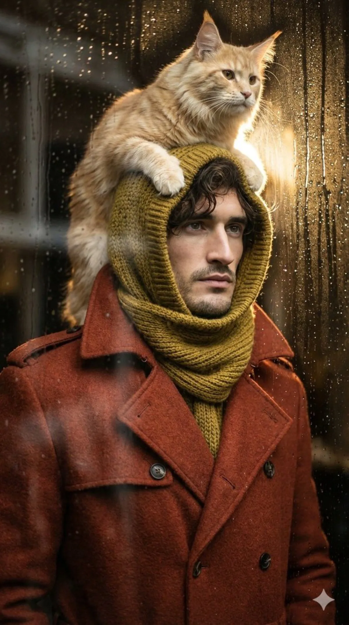 Premium Ultra-detailed cinematic portrait of young man with cat