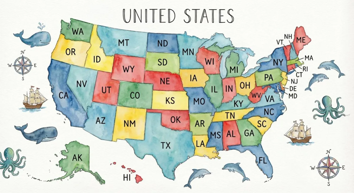 Watercolor US map with state abbreviations prompt: A Premium Take