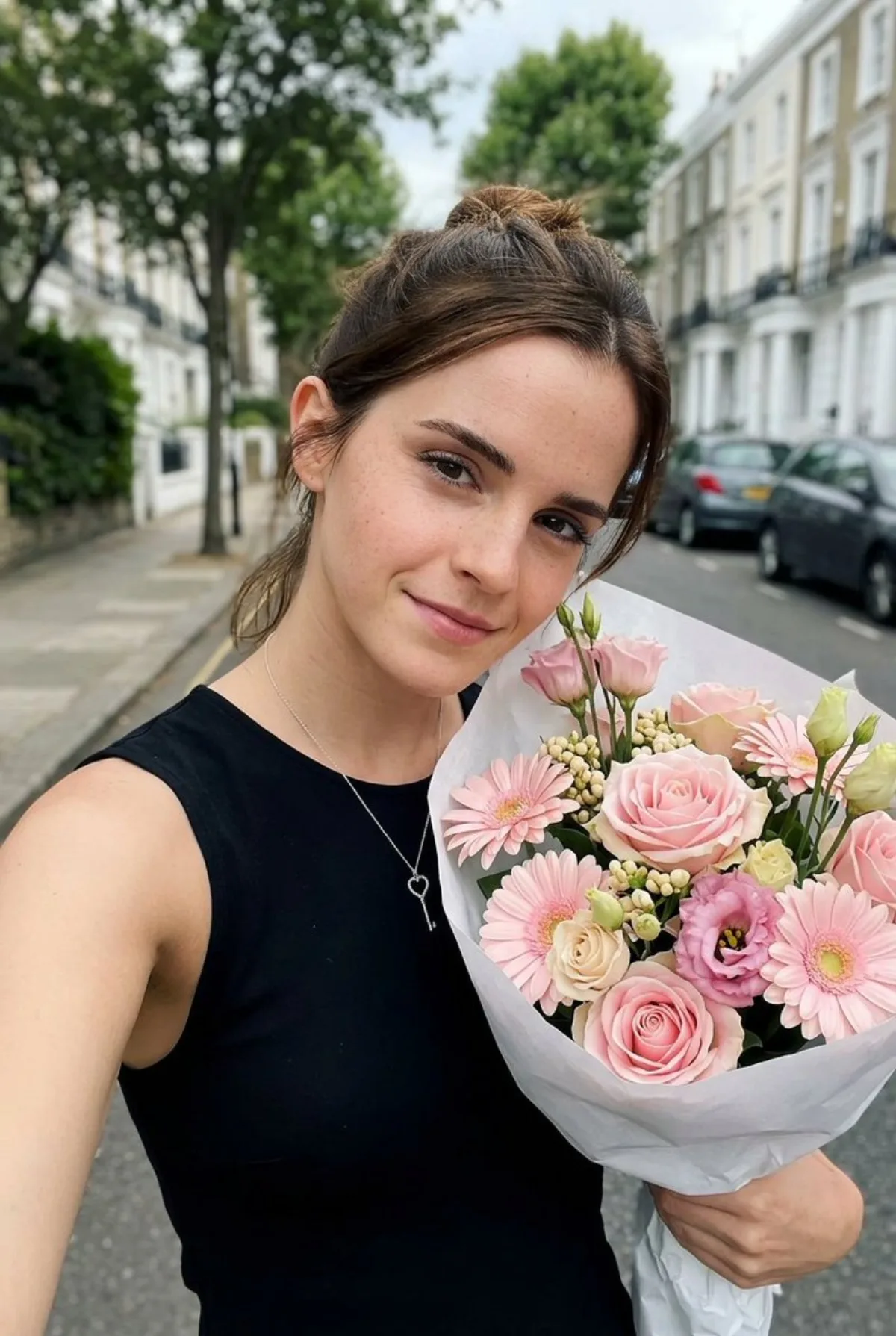 Curated Selfie with Pastel Pink Flower Bouquet on European Street