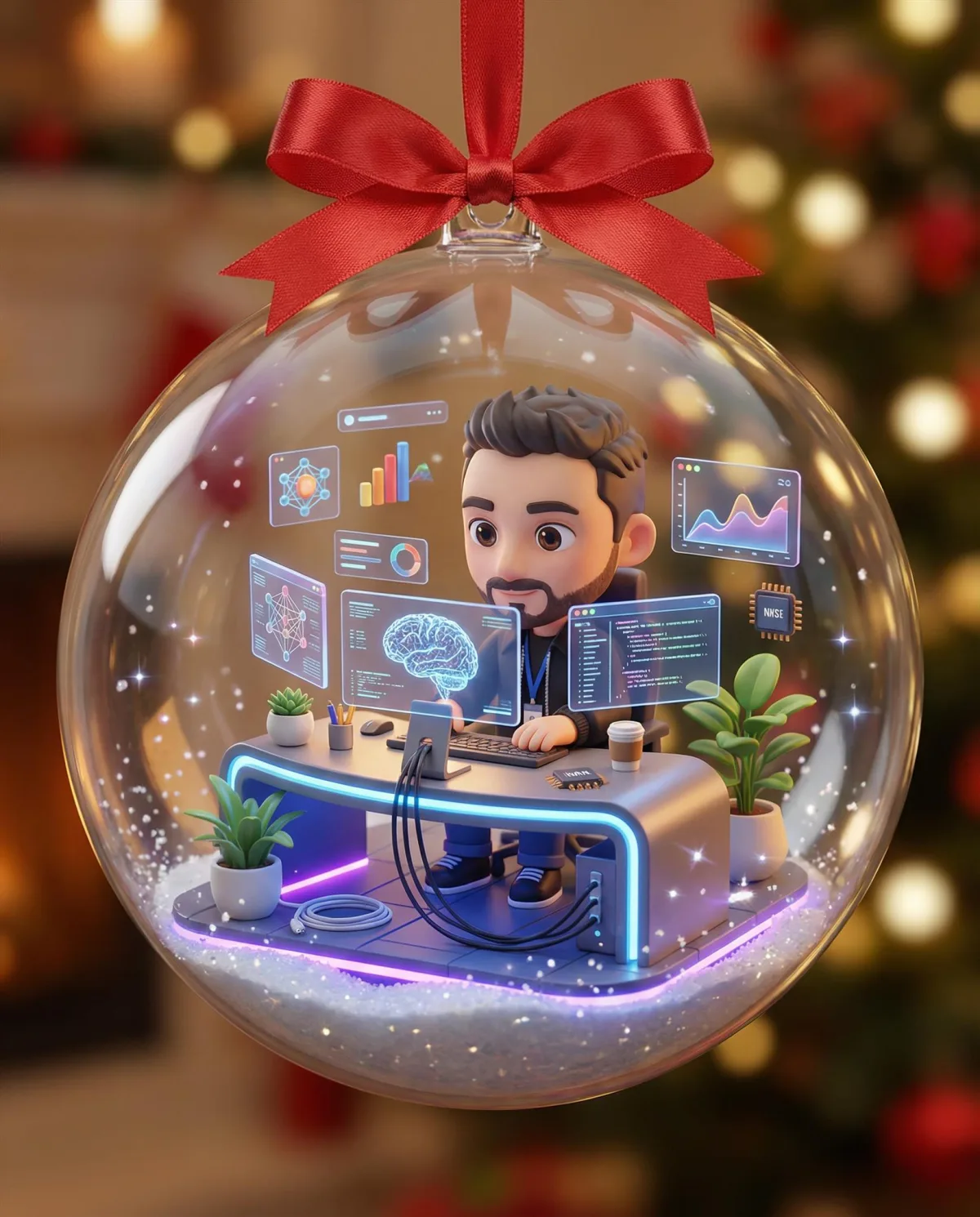 Futuristic 3D Miniature Scene Inside Transparent Christmas Ornament - Editorial