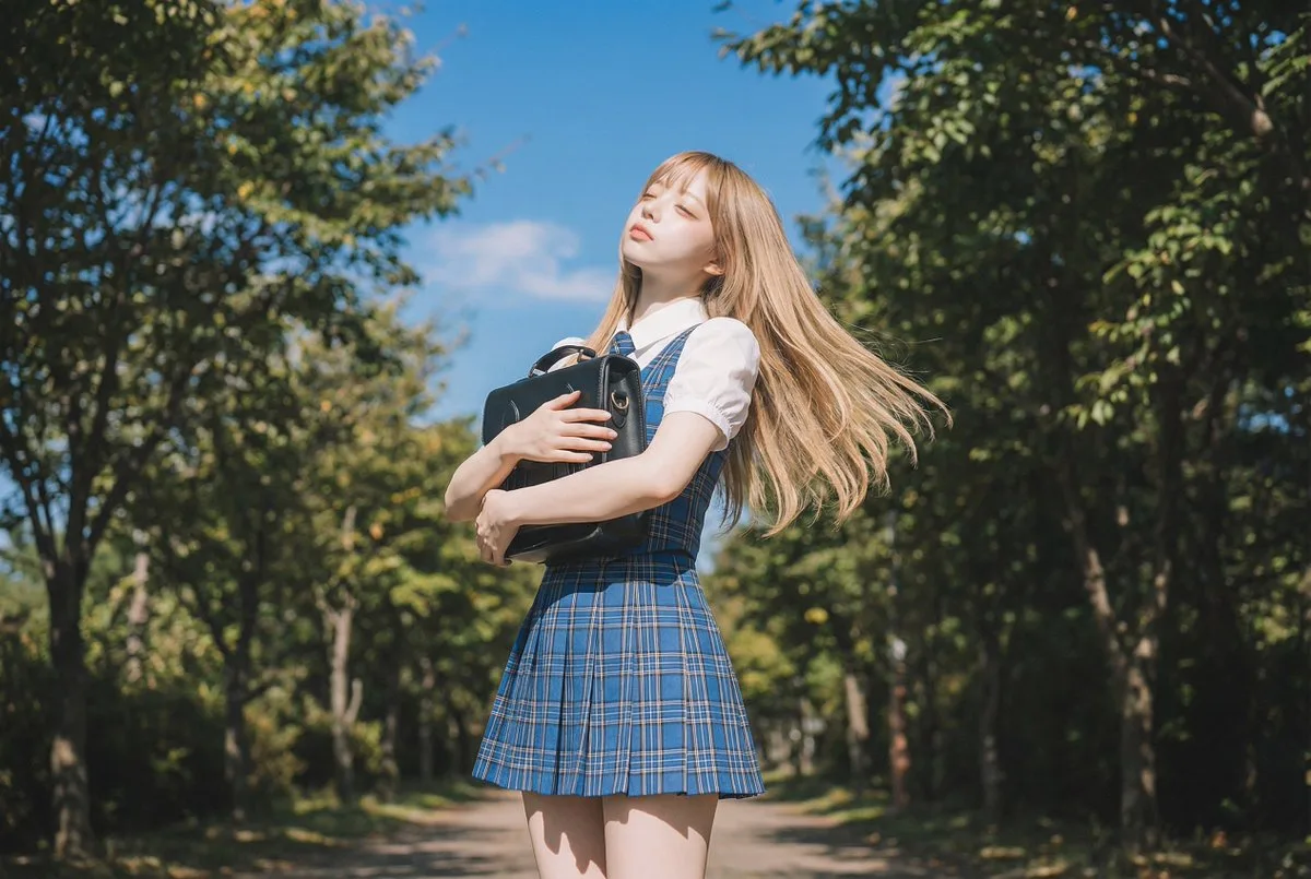 Blonde Girl in School Uniform on Tree-Lined Street: A Premium Take