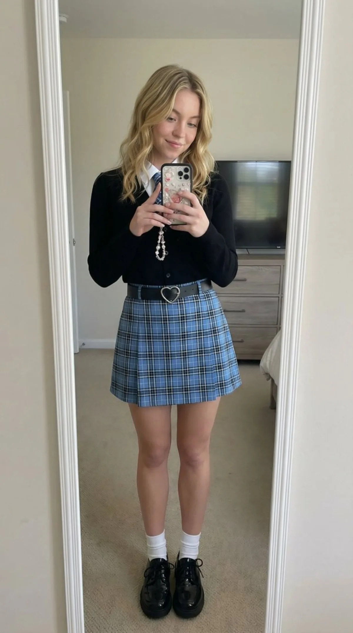 Young Woman Mirror Selfie in Preppy Outfit