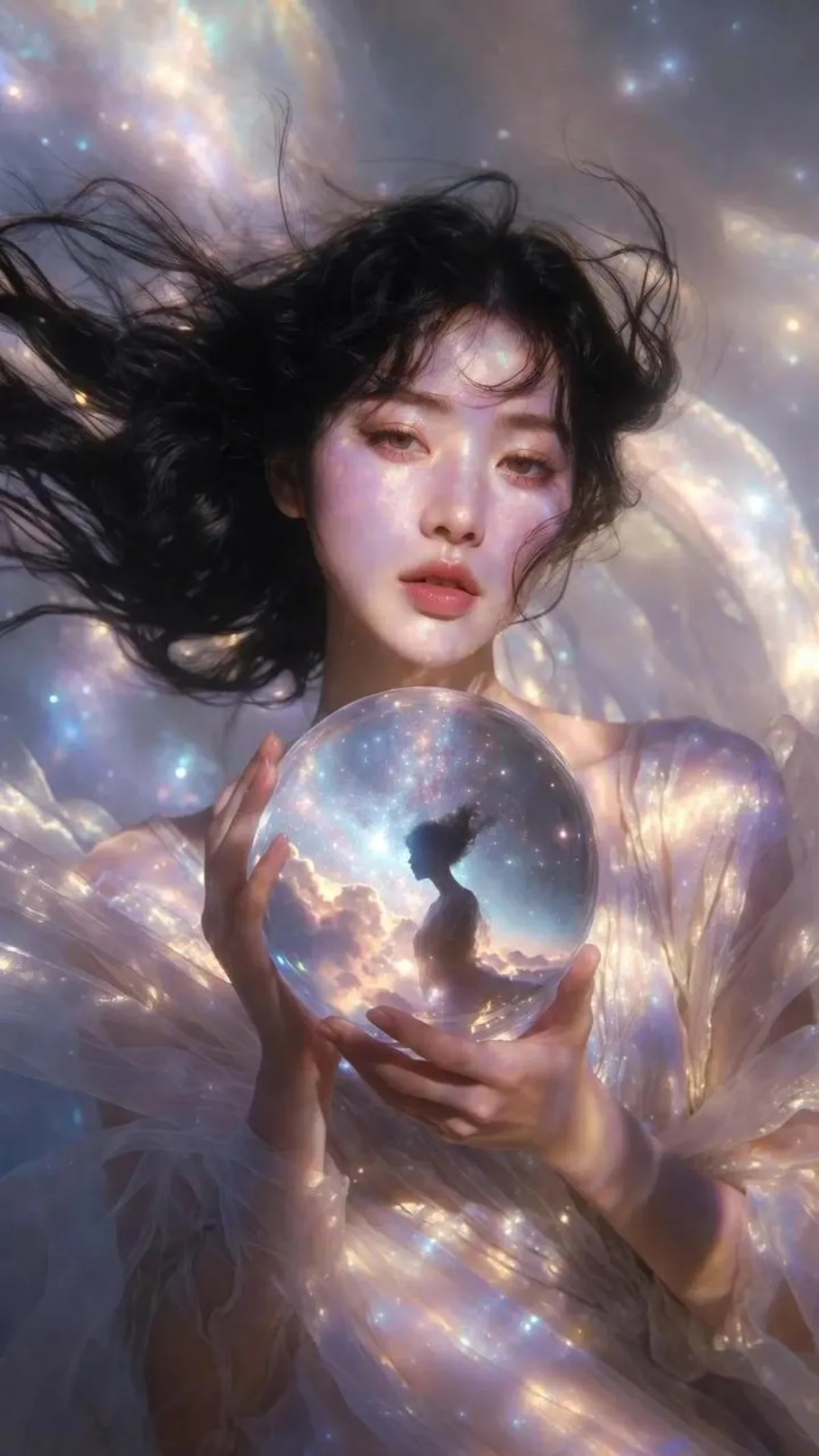 Ethereal Haute Couture Portrait with Cosmic Sphere - Modern Style