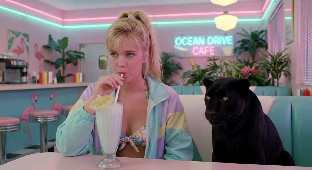 Cinematic bikini diner scene with black panther - Studio-Grade Style