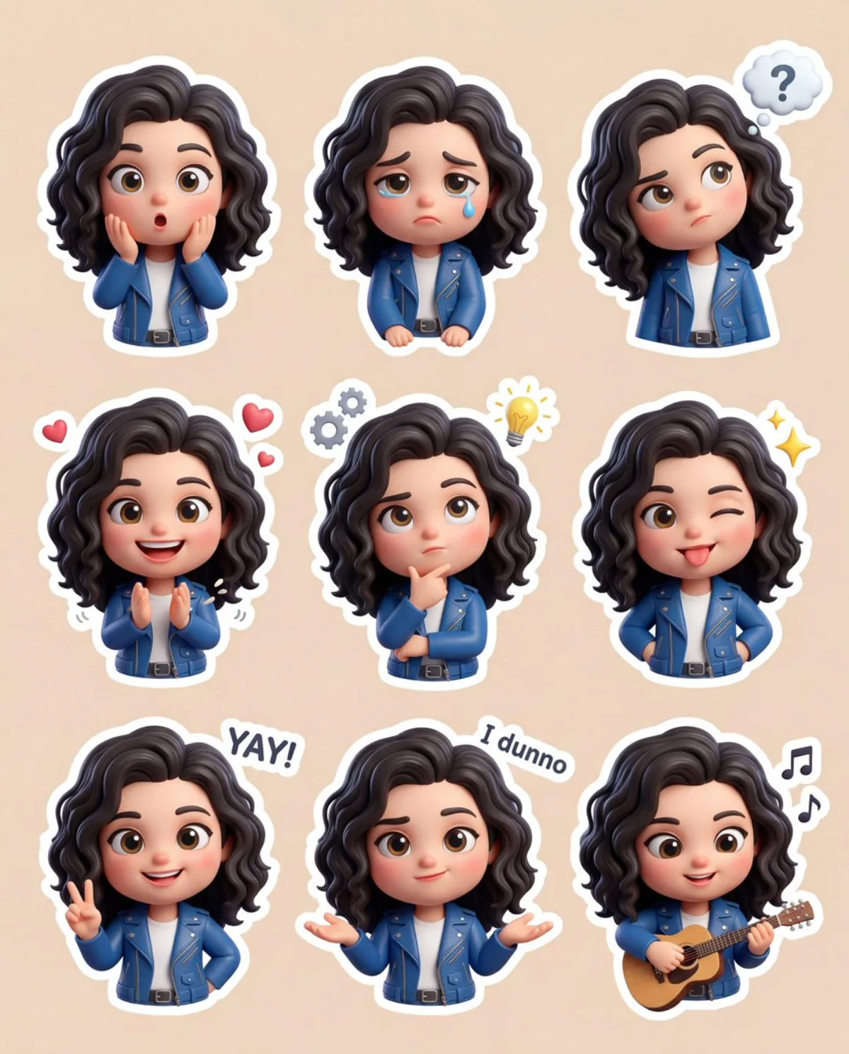 A Curated Cute 3D Chibi Character Sticker Set with Various Poses
