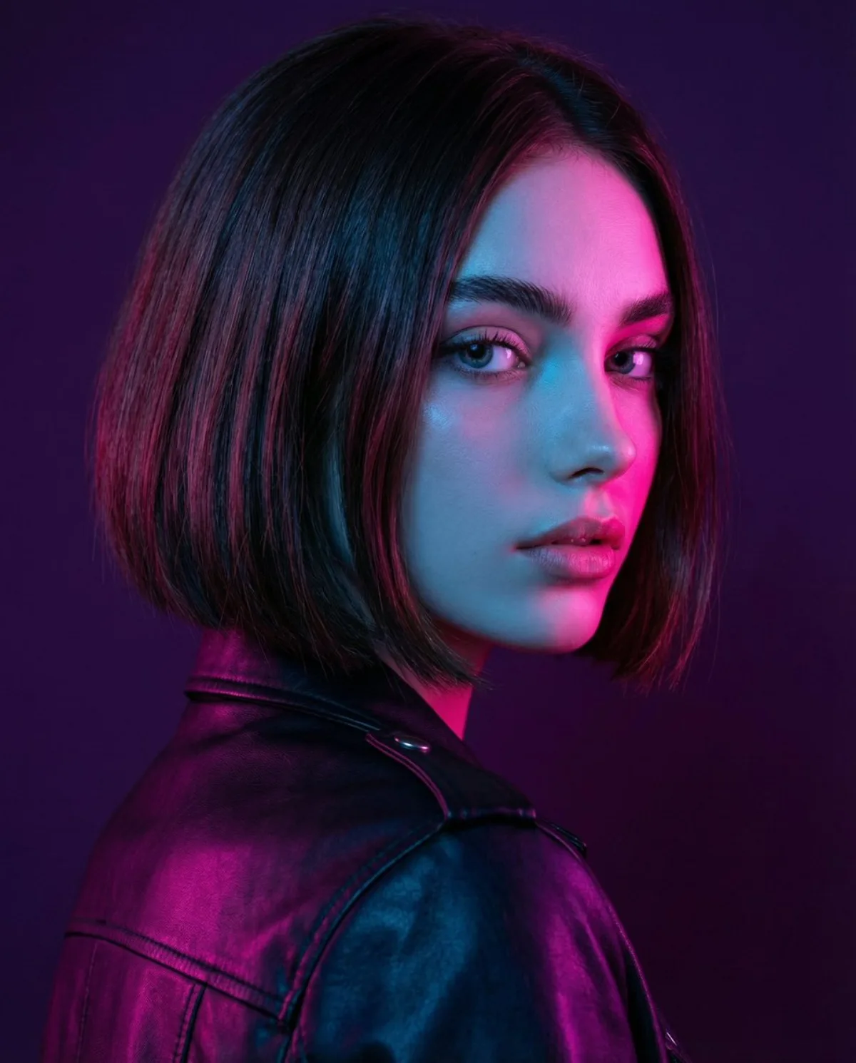 Neon Lit Bob Haircut Portrait - Signature Style