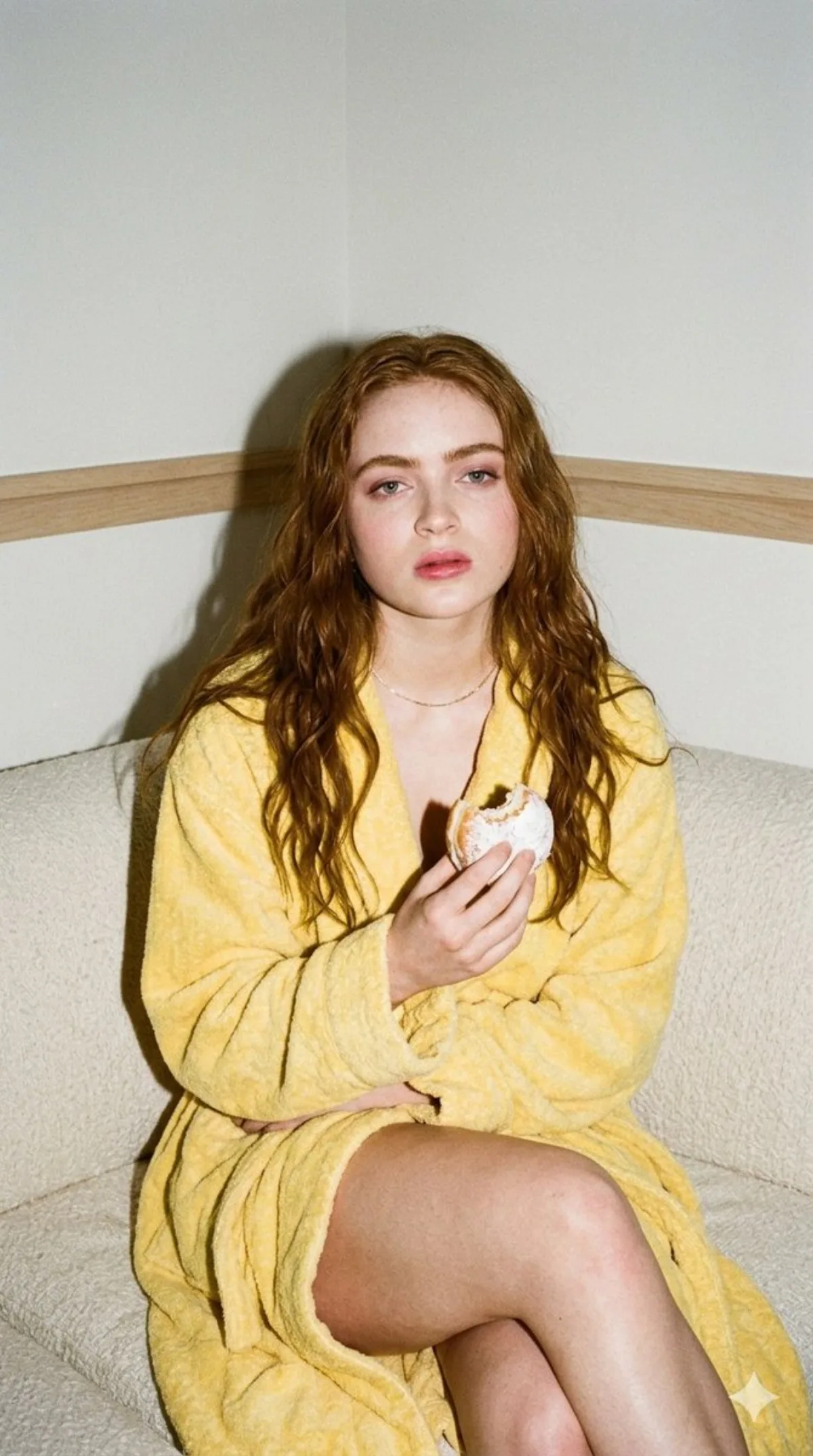 A Stylized Woman in Yellow Robe with Donut, 35mm Film Aesthetic