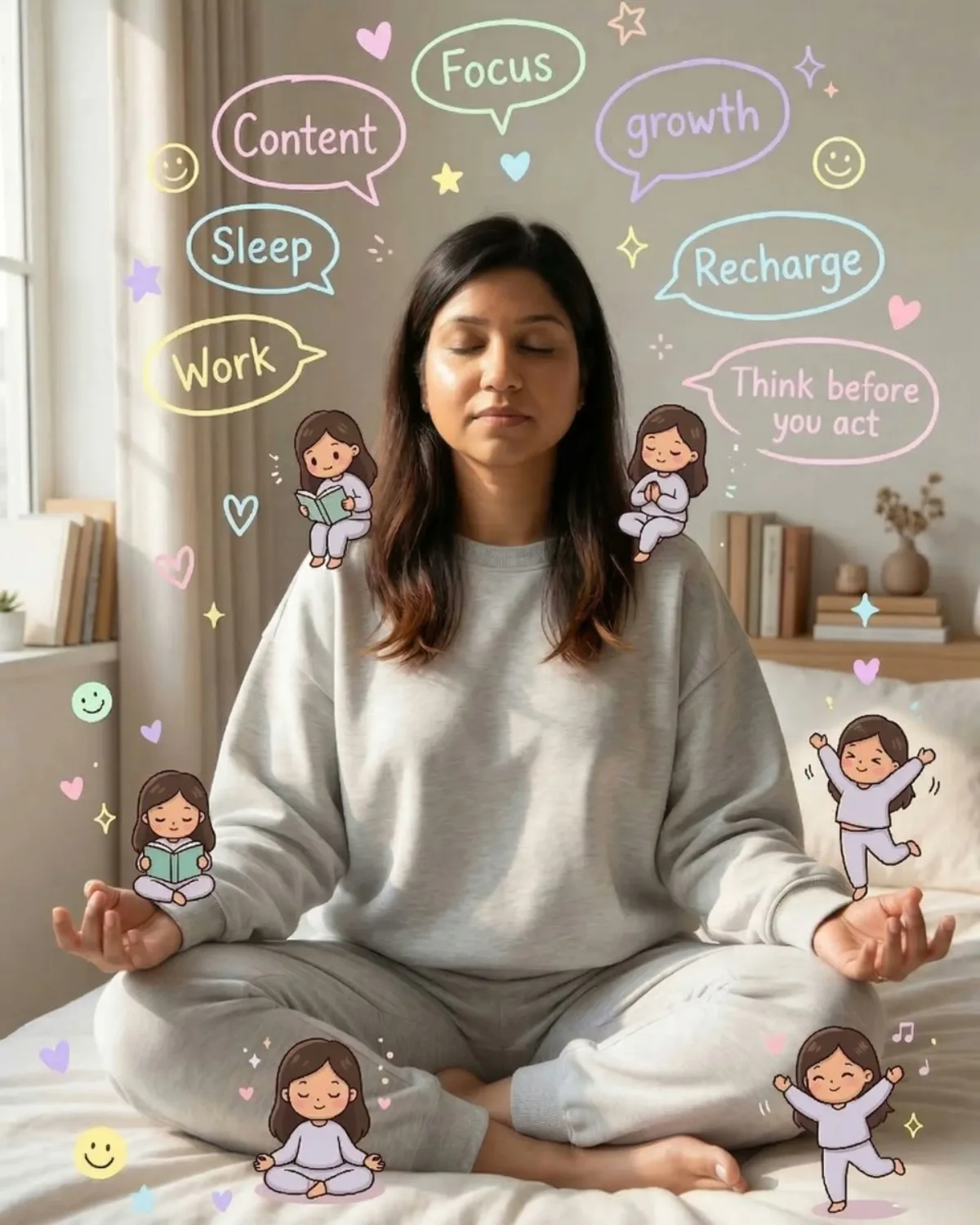 Woman Meditating with Chibi Selves and Pastel Doodles: A Modern Take