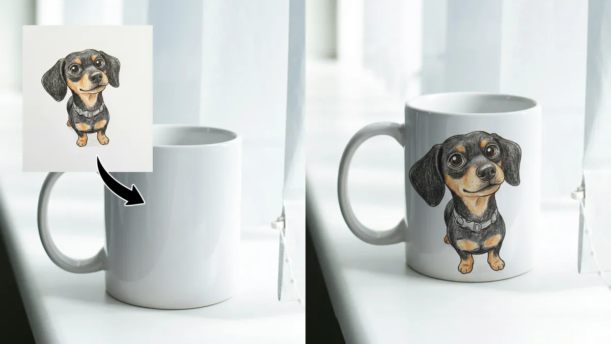 Composite the uploaded illustration onto a mug
